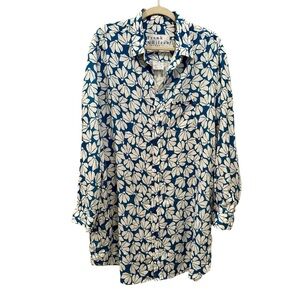 Frank & Eileen Mary 100% Linen ShirtDress Blue White Leaf Print Coastal Sz XL